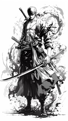 a man with two swords standing in front of an ink splattered background,