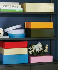 a shelf with several different colored boxes and flowers on it, including one flower vase