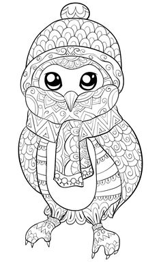 an owl with a hat and scarf on it's head coloring page for adults