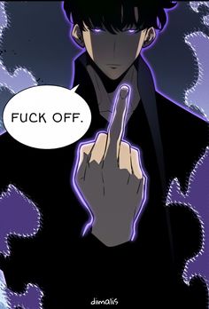 an anime character pointing to the right with his index finger in front of him and saying, fuk off