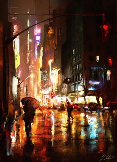 a painting of people walking in the rain with umbrellas on a city street at night