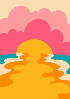 the sun is setting over an ocean with pink, yellow and blue waves on it