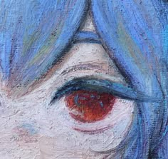 a painting of a clown's eye with blue hair