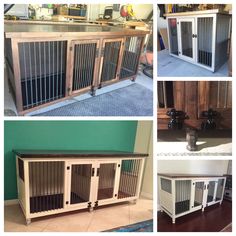 four different pictures of dog kennels and their doors