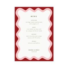 a red and white menu card with scalloped edges