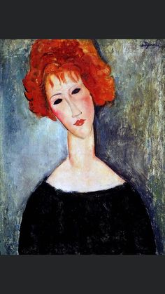 a painting of a woman with red hair wearing a black dress and looking to the side