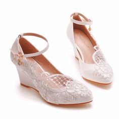 Details: Style: Elegant Embellishment:?Lace Heels Type: Wedge heels Heel height: 2.17inch Closure Type: Buckle Strap Toe: Round Toe Upper Material: PU Sole Material:?Rubber Lining Material: Leather 2023 Bride, Lace Bolero Jacket, Wedding High Heels, Wedge Wedding Shoes, Lace Bolero, Bridal Tops, White Wedding Shoes, Elegant High Heels, Sequin Wedding