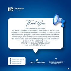 a blue and white thank card with a bullhorn on it