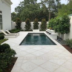 an outdoor pool surrounded by shrubbery and trees, with lounge chairs on the side