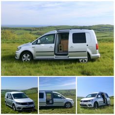 four different views of a van parked in a field with doors open and the door ajar