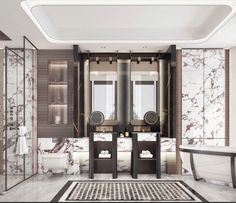 a bathroom with marble walls and flooring next to a bathtub in the middle