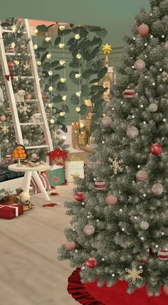 a christmas tree in a living room with presents on the floor