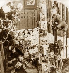 an old black and white photo of a child's bed with many pictures on it