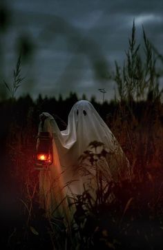 a ghost holding a lantern in the middle of a field with tall grass and trees