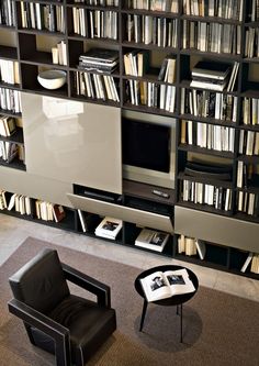 a living room with bookshelves and a television on top of the entertainment center