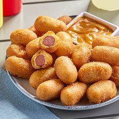 a plate full of fried food with dipping sauce