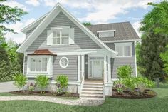 this is a computer rendering of a small house with front porch and stairs leading up to the second floor