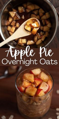 an apple pie overnight oats recipe in a glass bowl with a wooden spoon on the side