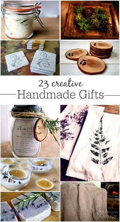 handmade gifts that are made from wood and glass jars, with the words 23 creative handmade gifts written on them