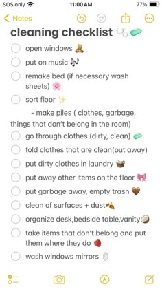 a text message with the words cleaning checklist written in different colors and font on it