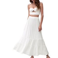 Solid White Ruffle Hem Beachwear Maxi Skirt Breezy Tiered Ruffle Maxi Skirt, Breezy Ruffled Tiered Maxi Skirt, Breezy Tiered Maxi Skirt With Ruffles, Breezy Ruffled Maxi Skirt, Flowy Summer Maxi Skirt For Day Out, Flowy Maxi Skirt For Summer Day Out, Breezy Tiered Maxi Skirt For Summer, Breezy Maxi Skirt For Summer, Tiered Ruffle Maxi Skirt For Vacation