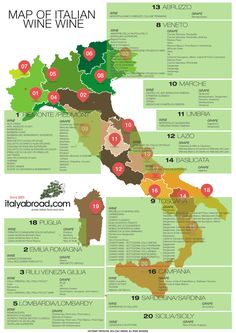 the wine map for italy with different wines in each region and their corresponding names on it