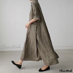 Olivia Mark - Cotton Linen Dress with Pure Color, Vintage Short Sleeves, Pockets, Loose Fit and Knee-length Long Linen Dress, Linen Fashion, Loose Maxi Dress, Cotton Linen Dresses, Long Midi Dress, Loose Dress, Vintage Shorts, Linen Dresses, Peter Pan Collar