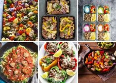 six different pictures with food in them including meat, vegetables and rices on the table