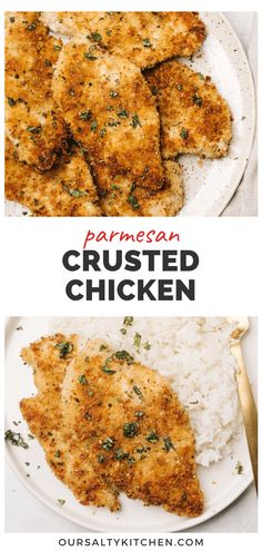 parmesan crusted chicken on a plate with rice