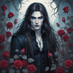 a woman with long hair standing in front of roses