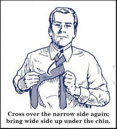 an image of a man holding a tie with the caption cross over the narrow side again, bring wide side up under the chin