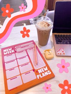 New week new plans weekly planning notepad, iced coffee, pink laptop, yellow headphones Notepads Design Ideas, Cute Weekly Planner, Cute Planners, Planners Design, Notepad Design, Planner Design Ideas, Agenda Design, Planner Designs, Weekly Planner Notepad