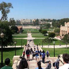 many people are walking up and down the steps in front of a building on a sunny day