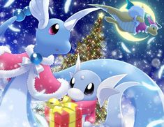 two pokemons are standing in the snow with presents