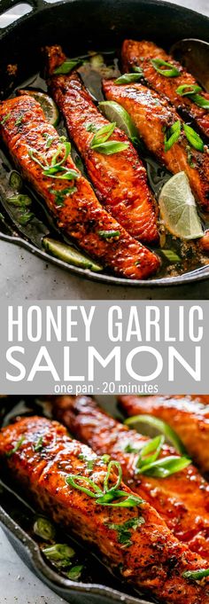 honey garlic salmon in a cast iron skillet