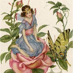 a woman sitting on top of a pink flower next to a butterfly