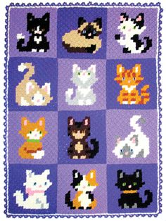 a purple blanket with cats and kittens on it's sides, all in different colors