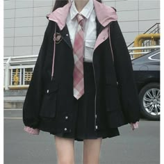 Black Cargo Jacket, Harajuku Jacket, Preppy Mode, Korean Colors, Big Size Fashion, Casual Punk, Kawaii Fashion Outfits, Pink Jacket