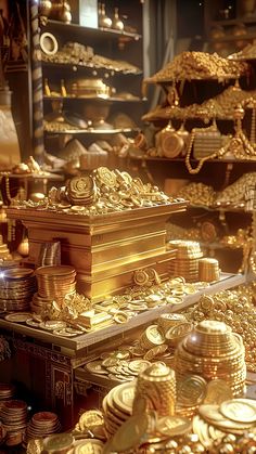 gold jewelry is on display in a store