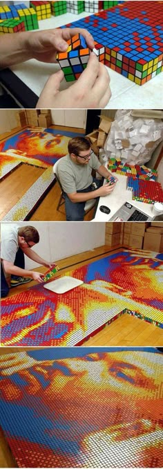 three pictures showing how to make an art project with legos and colored paper on the floor