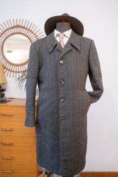 "vintage 50s 1950s French Overcoat, Grey Tartan wool * Size 38 DESCRIPTION : - 4 plastic buttons. - silk lined - Pure wool - 2 pockets INFOS : // label: Vêtements grand luxe // color: Grey Tartan // fabric: tagged as pure wool // condition: Excellent. No stains or odors. One very small hole on the back left shoulder (see picture) // size: Feels like a 38 but please compare the measurements shoulder to shoulder: 18.5\" - 47cm underarm to underarm: 22\" - 56cm shoulder to cuff: 23.5\" - 60cm back length: 42\" - 106cm !! HEAVY COAT, SHIPPING COSTS MIGHT BE EXPENSIVE DEPENDING WHERE YOU LIVE !! SALES POLICY: // Free shipping to France // International buyers are welcome! // International shipping rates and delivery times vary. // We offer a discount for combined shipments whenever possible. // Heavy Coat, Tartan Fabric, Picture Sizes, Shoulder To Shoulder, Tartan, Mens Jackets, Jackets & Coats, Bathing Beauties, Plaid