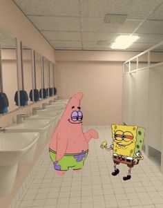 a cartoon character standing next to a spongebob in a bathroom