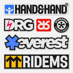 four different stickers with the words, logos and emblems in black on white