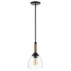 a small glass light hanging from a ceiling fixture with a black metal frame and brown cord