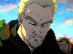 an anime character with white hair and beards looking at the camera while others look on