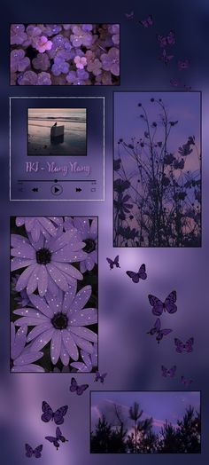 purple flowers and butterflies flying in the air with an image of a person on a boat