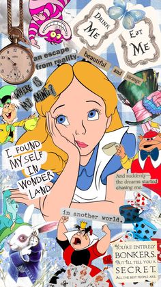 a collage of alice and the wonderlands with many different things on it's face