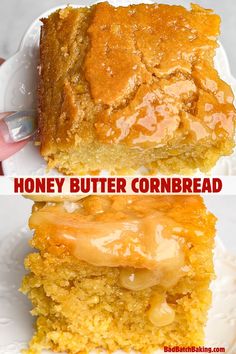 two pictures of honey butter cornbread on a plate