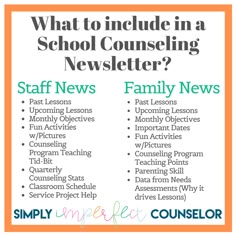 a poster with the words, what to include in a school counseling news?