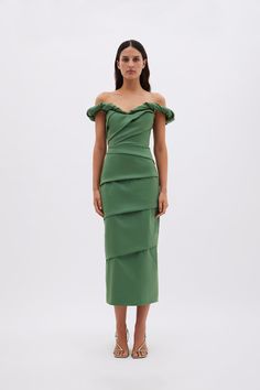 ASHA DRESS Neckline Slimmer, Rachel Gilbert, Column Skirt, Ruched Bodice, Green Midi Dress, Bride Bridal, Event Dresses, Fitted Bodice, Feminine Style